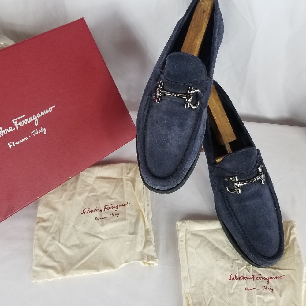 Salvatore Ferragamo Mason Blue Marine Suede Loafers 12 D